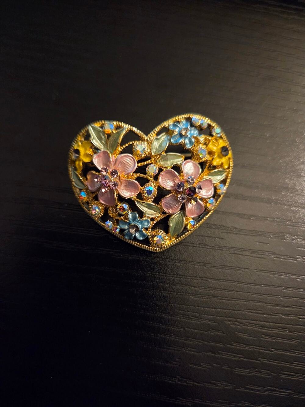 Flower Heart Brooch Multi color Rhinestone Pastel Enamel Gold Tone Heart Pin